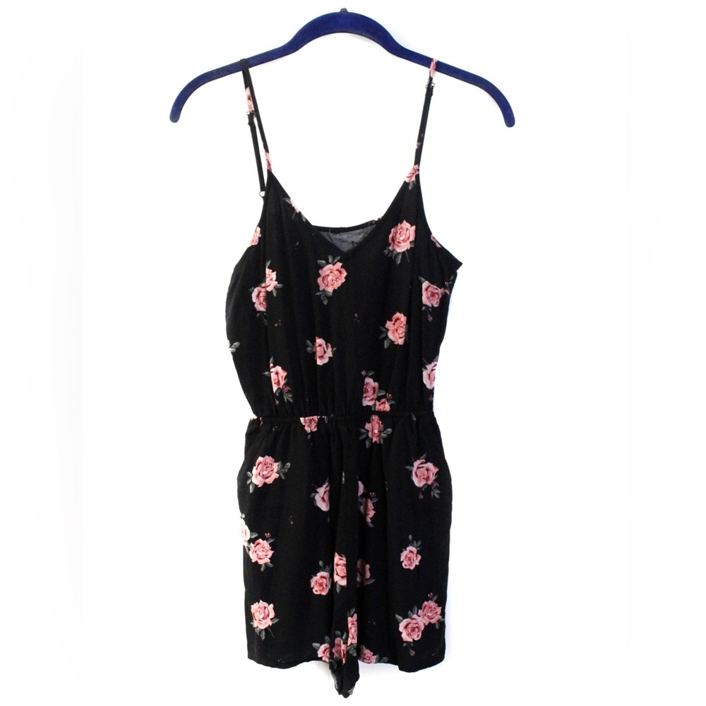 Black Romper with Roses | Floral Romper with Spaghetti Straps | Rose Romper